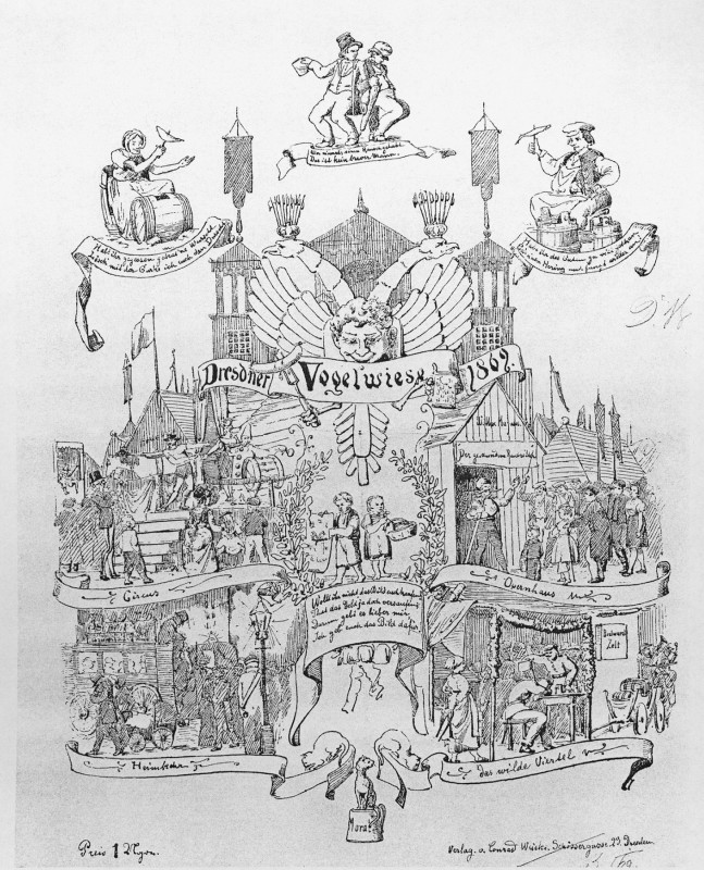 Das Theater der Witwe Magnus kündigt die Vorstellung „Der Geschundene Raubritter“ an, Titelblatt der Zeitschrift „Kikeriki“, 1869. Reproduktion: Archiv Bernstengel