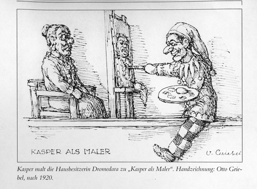 Kasper malt die Hausbesitzerin Dromedara zu „Kasper als Maler“, Handzeichnung von Otto Griebel, nach 1920. Repro: Archiv Bernstengel