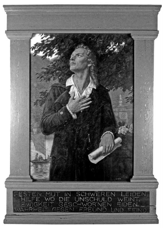 Georg Schwenk (1863 – 1936): Friedrich Schiller in Loschwitz Gemälde in der Schillerschule Loschwitz. Das Gemälde (hier noch im unrestaurierten Zustand) wurde zu DDR- Zeiten „abgehangen“ und durch ein Motiv „Aufnahme in die Jungen  Pioniere“ (gemalt von Karl-Erich Schäfer) ersetzt. Foto: Helmut Körner