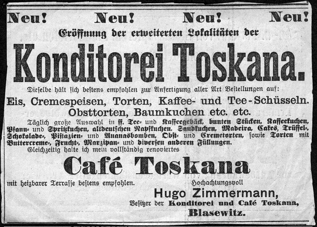 Anzeige zur Erweiterung der Konditorei im Jahre 1910. Abbildung: Sammlungen Bergner und Eisold
