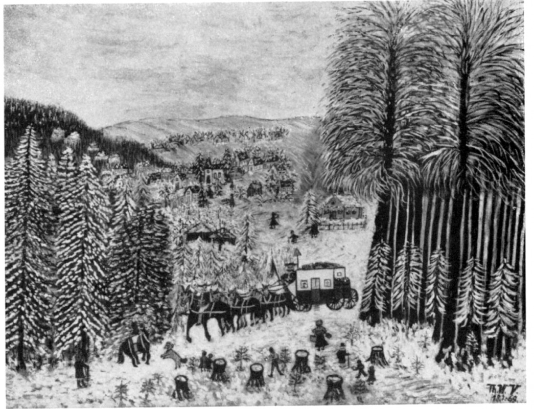 Therese Walther-Visino, „Trara die Post“, Öl auf Hartfaser, 1969. Reproduktion aus: Engelbert Oppitz/Heinrich Pommer/Therese Walther-Visino – Ausstellungskatalog des Museums für Volkskunst, 1981