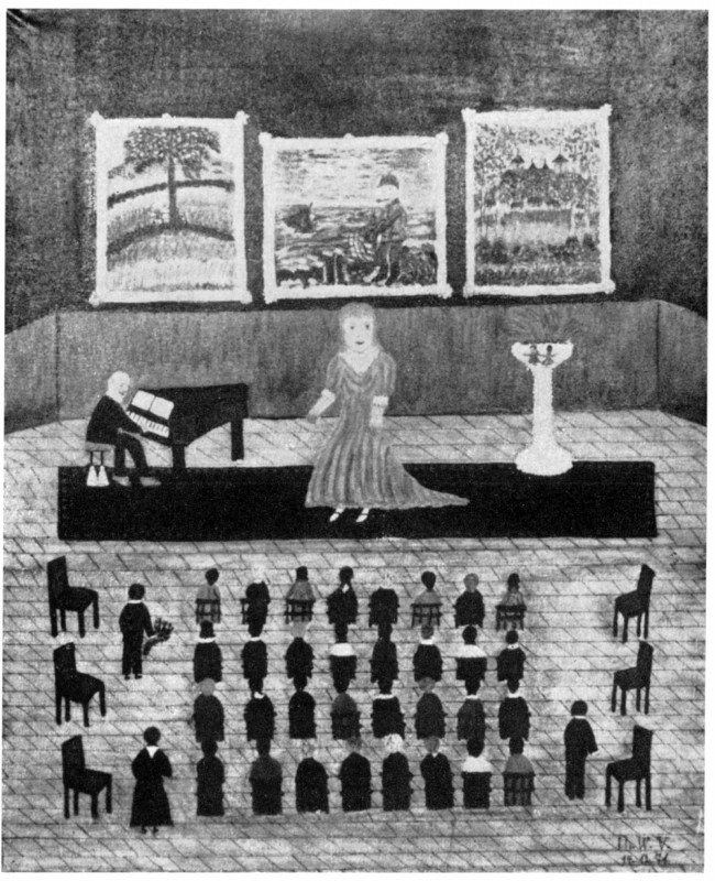 Therese Walther-Visino, „Die Sängerin“, Öl auf Hartfaser, 1971. Reproduktion aus: Engelbert Oppitz/Heinrich Pommer/Therese Walther-Visino – Ausstellungskatalog des Museums für Volkskunst, 1981