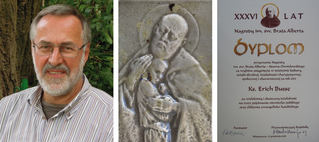 Der Orden (und die Urkunde) zeigt ein Porträt des 1983 selig und 1989 heilig gesprochenen Adam Chmielowski (1845–1916), heute bekannt als Heiliger Bruder (Brat) Albert, der sich (als Ordensgründer) sozial engagierte und später künstlerisch tätig war und auch als „polnischer heiliger Franziskus“ des 20. Jahrhunderts“ verehrt wird. Foto: Busse