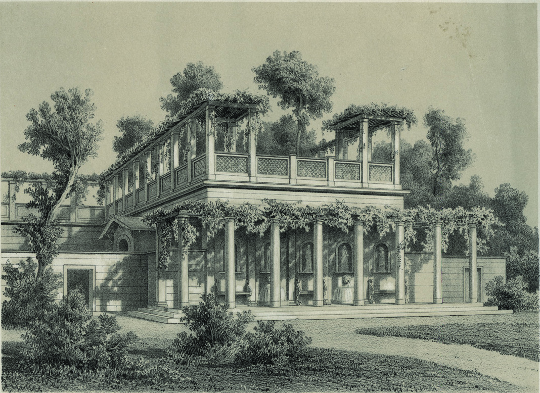 Adolf Lohse (1807–1867) Pferdestall mit „Belvedere“ im Park Albrechtsberg, Dresden-Loschwitz. Abb.: Sammlung Weidenhagen