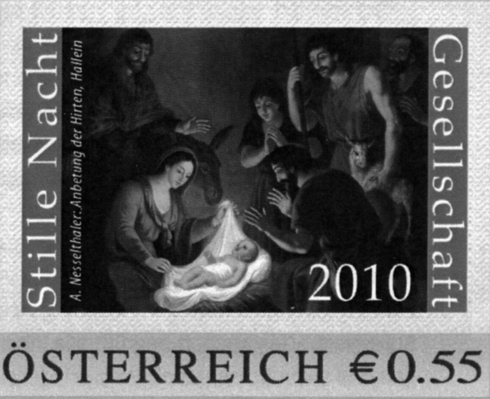 Diese österreichische Weihnachtsbriefmarke erinnert an Hallein bei Salzburg, wo die Melodie des Stille-Nacht-Liedes entstand. Repro: Stille-Nacht-Gesellschaft