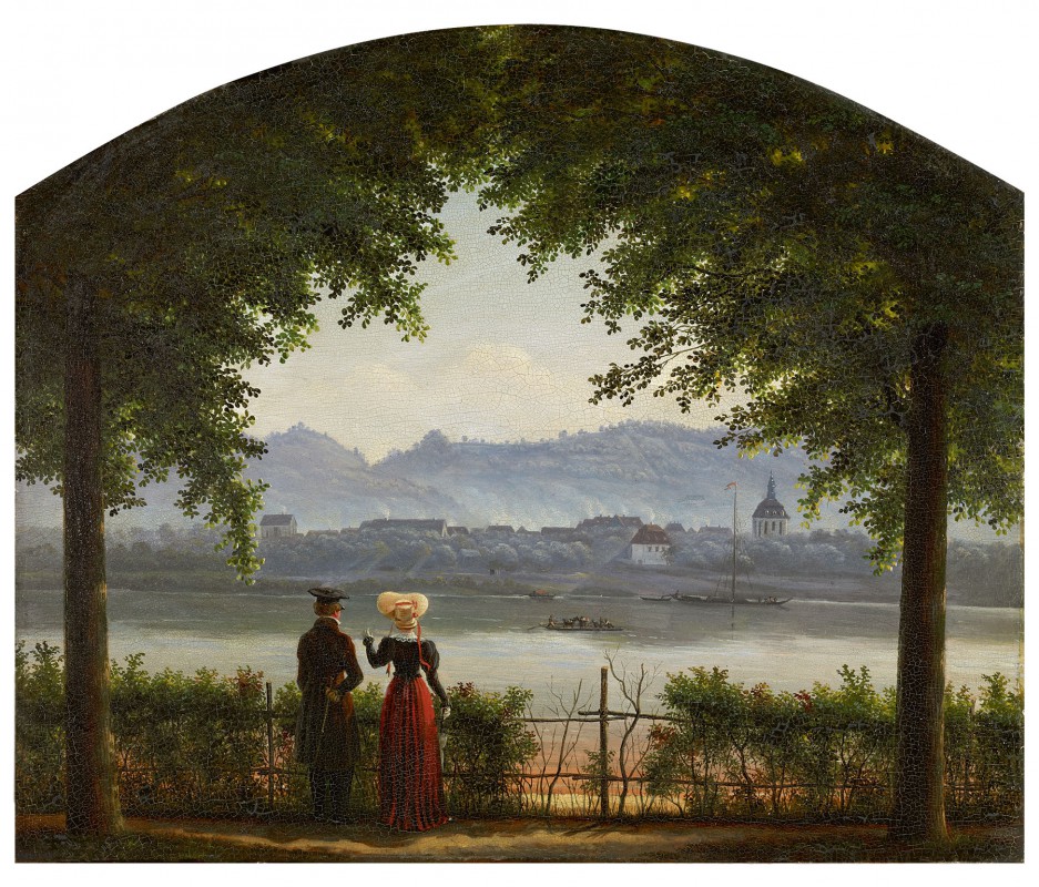 Bild von Blasewitz über die Elbe nach Loschwitz mit Kirche und Fährhaus Gemälde von G. H. Crola