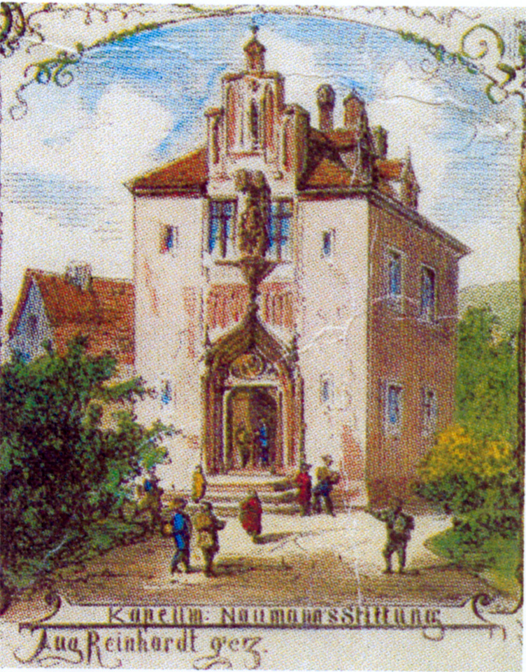 Das vormalige Naumannstift (hier noch ohne den Wägnerschen Anbau) beherbergte, nachdem die Schule 1876 ausgezogen war, 1882 auch das Blasewitzer Standesamt. Reproduktion (nach einer Zeichnung von August Reinhardt): Sammlung Bernd Beyer