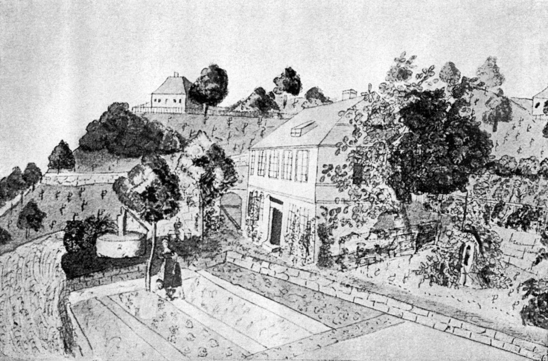 Der Weinberg bei Loschwitz (Beger-Häuschen). Hinten oben: Das so genannte Grimmensche Anwesen, das ebenfalls 1945 zerstört wurde (heute untere Robert-Diez-Straße). Reproduktion: Zeichnung um 1820, vermutlich von Wilhelm von Kügelgen/Sammlung Matthias Griebel, aus dem Buch „Gerhard von Kügelgen – ein Malerleben um 1800 – und die anderen sieben Künstler der Familie“ von Leo Kügelgen, Stuttgart 1924.