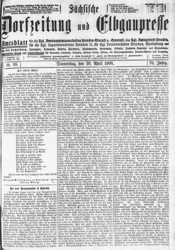 „Sächsische Dorfzeitung und Elbgaupesse” vom 30. April 1908 Archiv