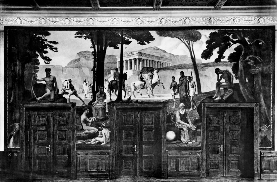 Das nicht mehr vorhandene Aula-Wandbild „GYMNASION” des Realgymnasiums Blasewitz Foto: Sammlung Wolfgang Steglich