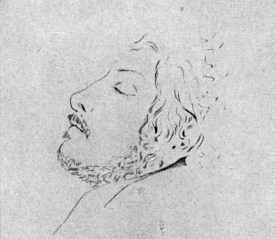 Theodor Körner auf dem Totenbette. Zeichnung von Friedrich von Olivier, einem Weggefährten Körners. Quelle: Volksbücher der Literatur, Nr. 6, Slg. Waltraud Hoffmann