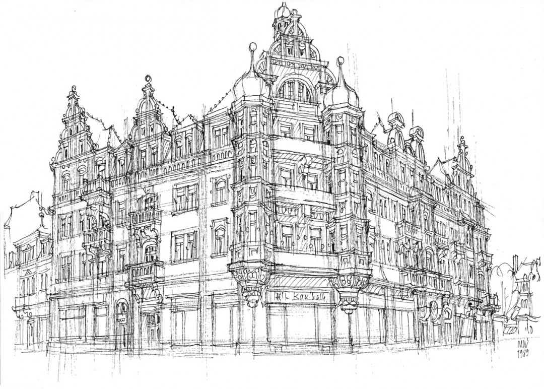 »Voigtsche Häusern« am Schillerplatz – Federzeichnung von Manfred Wagner (siehe Elbhang-Kurier 3/2014, Seite 17) in der Ausstellung der SchillerGalerie.