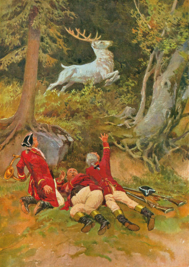 Vor mehr als 100 Jahren malte Paul Hey – ein Schüler von Oskar Pletsch – die Jäger, die einst versehentlich den Weißen Hirsch entkommen und somit am Leben ließen.	Reproduktion aus: Sang und Klang fürs Kinderherz, Verlag von Neufeld & Henius, Berlin, 1909