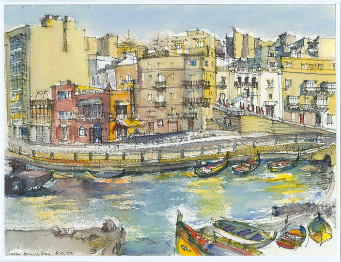 »An der Spinola-Bay der Insel Malta«, 1993, Aquarell von Gerda Starke